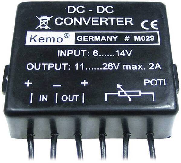 Kemo M029 Gleichspannungswandler Baustein Eingangsspannung (Bereich): 6 - 14 V/DC Ausgangsspannung (Bereich): 11 - 26 V/