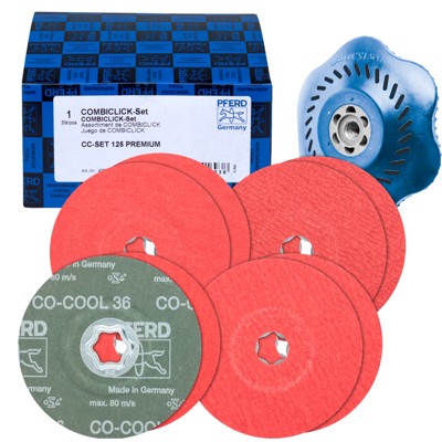 PFERD - COMBICLICK-Fiberscheiben-Set Keramikkorn Ø125mm CO-COOL 36, 60, 80, 120 mit CC-H-GT-Stützteller für Edelstahl