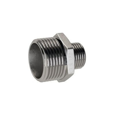 RIEGLER® - Doppelgewindenippel reduzierend, G 3/4", A, G 1/2", SW 28, Edelstahl 1.4408