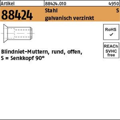 NOBRAND - Blindnietmuttern ART 88424 Stahl gal Zn Seko M 4 / 1,5 - 3,5 S