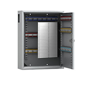 Schlüsselschrank, grau lackiert, mit Einwurfschlitz, mit 42 Haken.