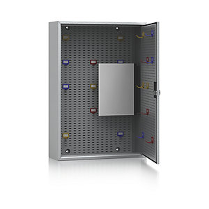 Schlüsselschrank, lichtgrau RAL 7035, HxBxT 550 x 380 x 130 mm, für 90 Haken.