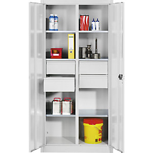 Materialschrank aus Stahlblech, 6 Fachböden, 4 Schubladen, HxBxT 1950 x 1200 x 500 mm, lichtgrau.