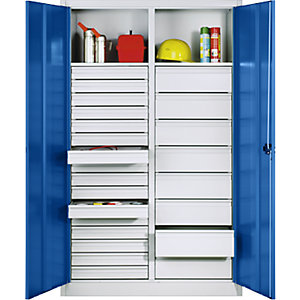 Materialschrank aus Stahlblech, 2 Fachböden, 24 Schubladen, HxBxT 1950 x 1200 x 500 mm, Tür enzianblau, Korpus lichtgrau.