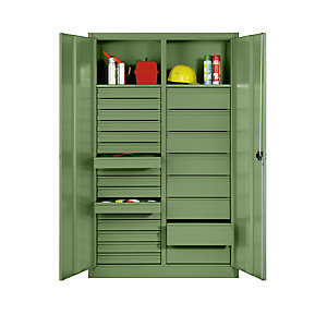 Materialschrank aus Stahlblech, 2 Fachböden, 24 Schubladen, HxBxT 1950 x 930 x 500 mm, resedagrün.