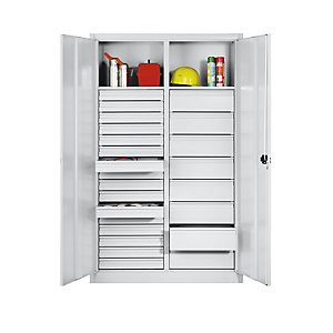 Materialschrank aus Stahlblech, 2 Fachböden, 24 Schubladen, HxBxT 1950 x 930 x 500 mm, lichtgrau.