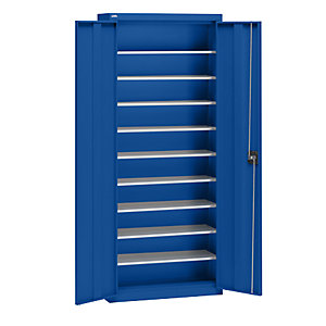 Materialschrank aus Stahlblech, Höhe 1575 mm, enzianblau RAL 5010, 9 Böden.