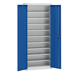 Materialschrank aus Stahlblech, Höhe 1575 mm, lichtgrau RAL 7035 / enzianblau RAL 5010, 9 Böden.