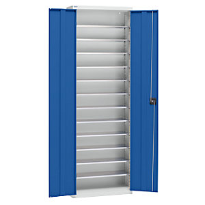 Materialschrank aus Stahlblech, Höhe 2000 mm, lichtgrau RAL 7035 / enzianblau RAL 5010, 12 Böden.