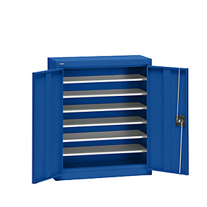 Materialschrank aus Stahlblech, Höhe 780 mm, enzianblau RAL 5010, 6 Böden.