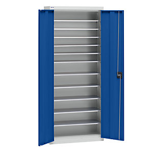 Materialschrank aus Stahlblech, Höhe 1575 mm, lichtgrau RAL 7035 / enzianblau RAL 5010, 11 Böden.