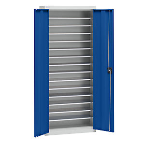 Materialschrank aus Stahlblech, Höhe 1575 mm, lichtgrau RAL 7035 / enzianblau RAL 5010, 14 Böden.