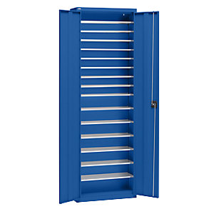 Materialschrank aus Stahlblech, Höhe 2000 mm, enzianblau RAL 5010, 15 Böden.
