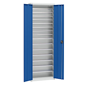 Materialschrank aus Stahlblech, Höhe 2000 mm, lichtgrau RAL 7035 / enzianblau RAL 5010, 15 Böden.
