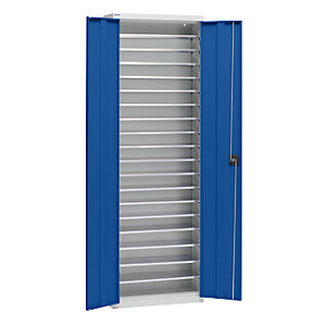 Materialschrank aus Stahlblech, Höhe 2000 mm, lichtgrau RAL 7035 / enzianblau RAL 5010, 18 Böden.