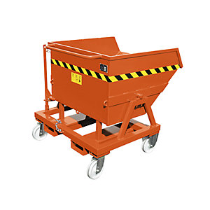 Mobiler Kippbehälter mit Klappmechanismus, ohne Siebeinsatz, Traglast 1000 kg, Volumen 0,43 m³.