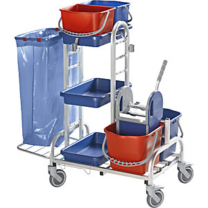 Reinigungswagen Edelstahl, 2 x 10-l-Eimer, 2 x 15-l-Eimer mit Mopppresse, Kunststoffrollen.