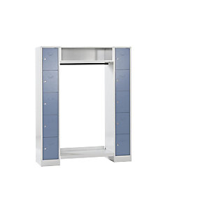 Schließfach-Garderobensystem Dresden, 2 Abteile, 1 Garderobe, B 1470 mm, lichtgrau / taubenblau.