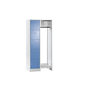 Schließfach-Garderobensystem Dresden, 5 Fächer, 1 Garderobe, B 850 mm, lichtgrau / lichtblau.