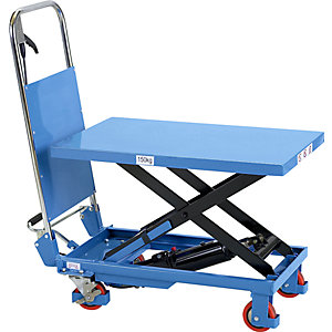 Scherenhubwagen, Tragfähigkeit 150 kg, Schiebebügel klappbar.