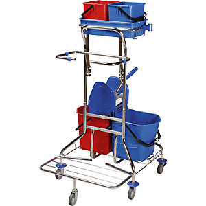Reinigungswagen-Set, LxBxH 750 x 650 x 1220 mm, verchromt, Fransenmopp-Set.