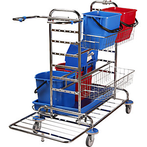 Reinigungswagen-Set, LxBxH 1130 x 670 x 1100 mm, 2 Drahtkörbe, 10 Mopps, Fransenmopp-Set.