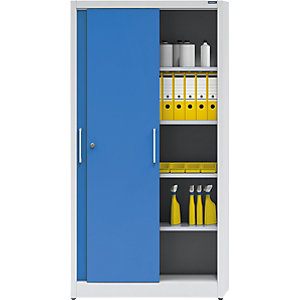 Schiebetürschrank Höhe 1950 mm, mit 4 Fachböden, Breite 1000 mm, Tiefe 420 mm, Türen lichtblau RAL 5012.