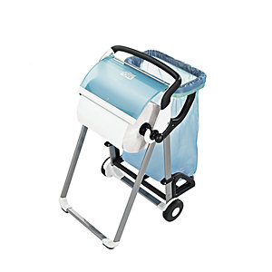 Rollenspender, fahrbar, mit Abfallsackhalter, türkis / weiß.