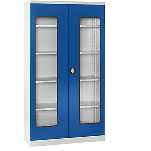Materialschrank, Tiefe 450 mm, 4 Fachböden und Sichtfenstertüren, Türen blau.