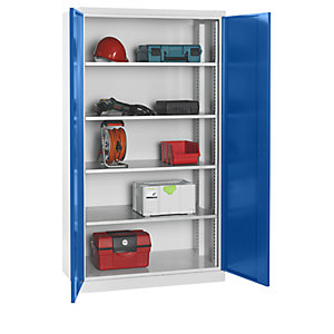 Materialschrank, Tiefe 650 mm, 4 Fachböden und Vollblechtüren, Türen blau.