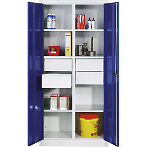 Materialschrank aus Stahlblech, 6 Fachböden, 4 Schubladen, HxBxT 1950 x 1200 x 500 mm, Tür enzianblau, Korpus lichtgrau.