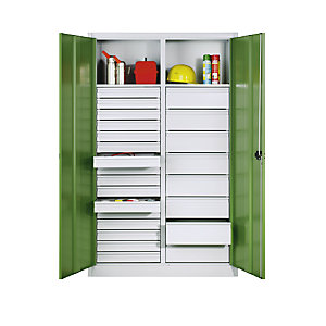 Materialschrank aus Stahlblech, 2 Fachböden, 24 Schubladen, HxBxT 1950 x 1200 x 500 mm, Türe resedagrün, Korpus lichtgrau.