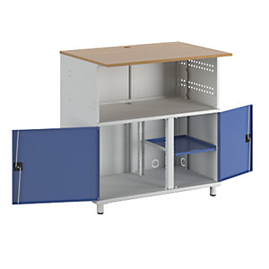 PC-Tisch, mit Mitteltrennwand, lichtgrau RAL 7035 / enzianblau RAL 5010.