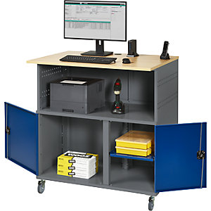 PC-Tisch, mit Mitteltrennwand, mit Fahrsatz, anthrazit-metallic / enzianblau RAL 5010.