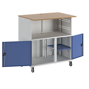 PC-Tisch, mit Mitteltrennwand, mit Fahrsatz, lichtgrau RAL 7035 / enzianblau RAL 5010.