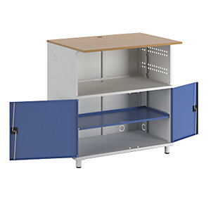 PC-Tisch, mit durchgehendem Fachboden, lichtgrau RAL 7035 / enzianblau RAL 5010.