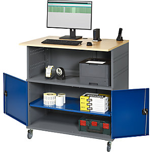 PC-Tisch, mit durchgehendem Fachboden, mit Fahrsatz, anthrazit-metallic / enzianblau RAL 5010.