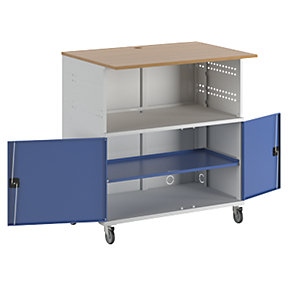 PC-Tisch, mit durchgehendem Fachboden, mit Fahrsatz, lichtgrau RAL 7035 / enzianblau RAL 5010.