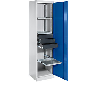 Materialschrank, Breite 500 mm, 3 Ausziehböden, 3 Schubladen, Tür enzianblau.
