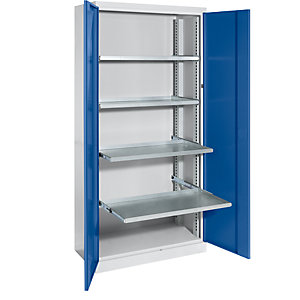 Materialschrank, Breite 950 mm, 4 Ausziehböden, Tür enzianblau.