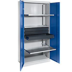 Materialschrank, Breite 950 mm, 3 Ausziehböden, 3 Schubladen, Tür enzianblau.