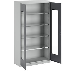 Materialschrank, Tiefe 450 mm, 4 Fachböden und Sichtfenstertüren, Türen grau.