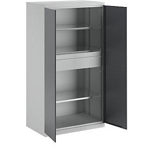 Materialschrank, Tiefe 650 mm, 3 Fachböden + 2 Schubladen, Türen grau.