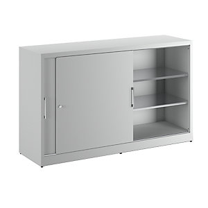 Schiebetürschrank Höhe 1200 mm, mit Mitteltrennwand und 2 x 2 Fachböden, HxB 1200 x 2000 mm, Tiefe 600 mm, Türen lichtgrau RAL 7035.