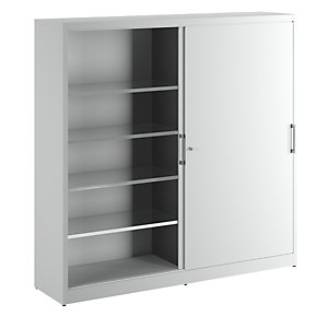 Schiebetürschrank Höhe 1950 mm, mit Mitteltrennwand und 2 x 4 Fachböden, Breite 2000 mm, Tiefe 500 mm, Türen lichtgrau RAL 7035.