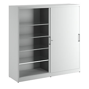 Schiebetürschrank Höhe 1950 mm, mit Mitteltrennwand und 2 x 4 Fachböden, Breite 2000 mm, Tiefe 600 mm, Türen lichtgrau RAL 7035.