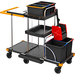Reinigungswagen EQUIPE, LxBxH 1410 x 620 x 1140 mm, mit klappbarer Entsorgungseinheit.