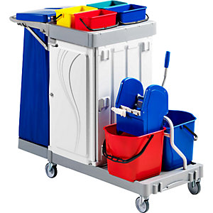 Reinigungswagen POLY III, 2 x 15-l-Eimer, 4 x 4-l-Eimer, mit abschließbaren Türen.
