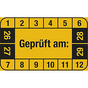 Mehrjahresplakette, Geprüft am, LxH 40 x 25 mm, VE 10 Stk, gelb, 26 - 29.