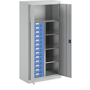 Material- und Schubladenschrank, 4 Fachböden, 13 Schubladen, lichtgrau RAL 7035.